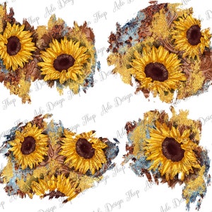 May include: Four digital illustrations of sunflowers with gold and blue glitter accents. The sunflowers are arranged in a cluster with their petals facing outwards. The background is white.