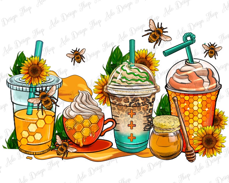 May include: Four honey-themed beverages with whipped cream and straws, decorated with sunflowers, bees, and honeycombs. A small jar of honey is in the foreground.