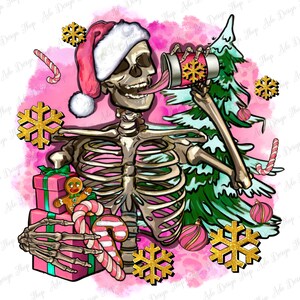 Pink coffee gifts Christmas skeleton coffee png sublimation design download, Merry Christmas png, Happy New Year png, sublimate download