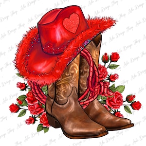 Red cowgirl hat and roses png sublimation design download, western cowgirl png, cowgirl boots png, sublimate designs download