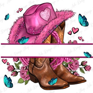 Puede incluir: Sombrero vaquero rosa con un coraz&oacute;n brillante y botas vaqueras marrones con detalles rosas. El sombrero y las botas est&aacute;n rodeados de rosas rosas y mariposas.
