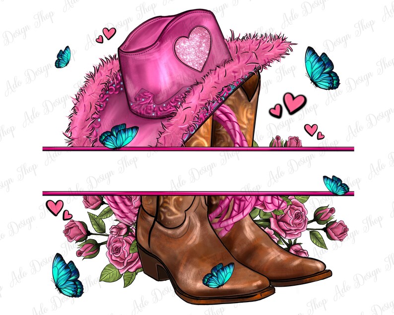 Puede incluir: Sombrero vaquero rosa con un coraz&oacute;n brillante y botas vaqueras marrones con detalles rosas. El sombrero y las botas est&aacute;n rodeados de rosas rosas y mariposas.