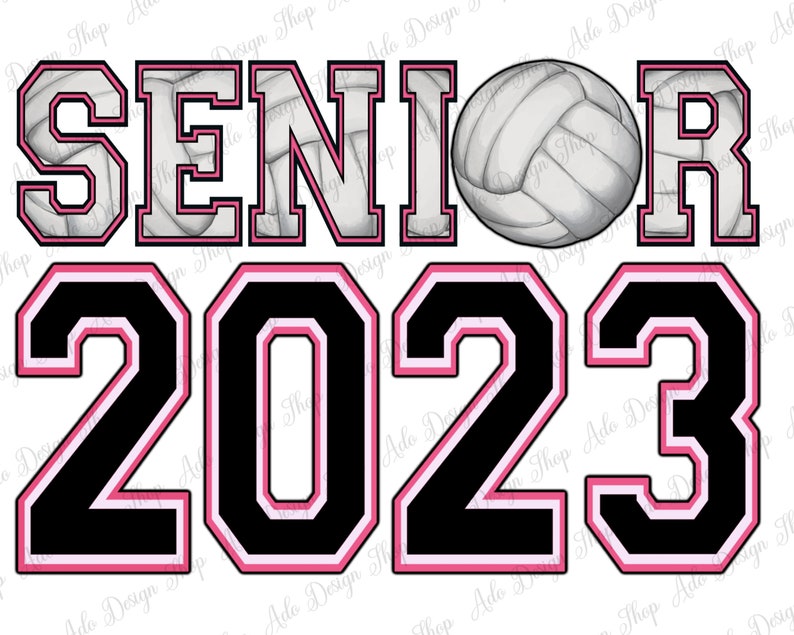 May include: Black and white volleyball graphic with pink outlines. The text "SENIOR 2023" is in black with pink outlines.