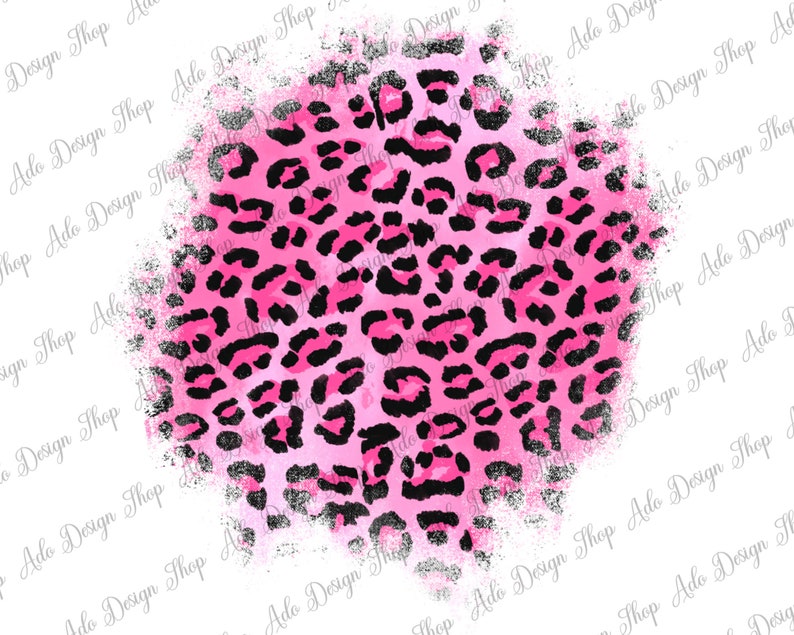 May include: Pink and black leopard print with a distressed, watercolor effect. The print has a white background.