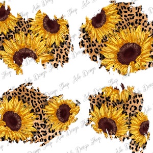 May include: Four digital clipart images of sunflowers with leopard print backgrounds. The sunflowers are yellow with brown centers and the leopard print is brown and tan.