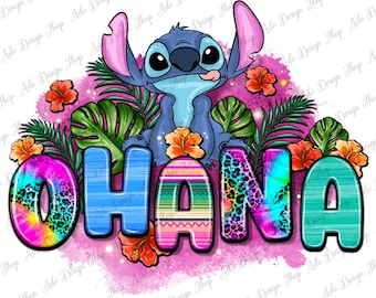 Ohana png sublimation design download, hand drawn Stitch png, cute Stitch png, floral Stitch png, sublimate designs download