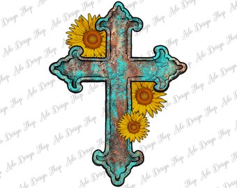 Turquoise Sunflower Cross Png Sublimation Design, Gemstone Cross Png, Western Cross Png, Cross Png,Png Sublimation Design, Instant Download