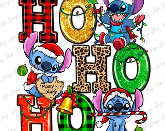 May include: A festive Christmas design featuring the word "HO HO HO" with each letter in a different pattern. The design includes a plaid pattern, leopard print, and glitter. Stitch characters are dressed in Santa hats and holding Christmas decorations.