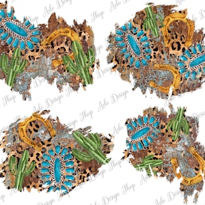 May include: Four digital scrapbook paper designs featuring a distressed brown and gold background with turquoise and gold accents. The designs include turquoise stones, gold horseshoes, and cactus plants.