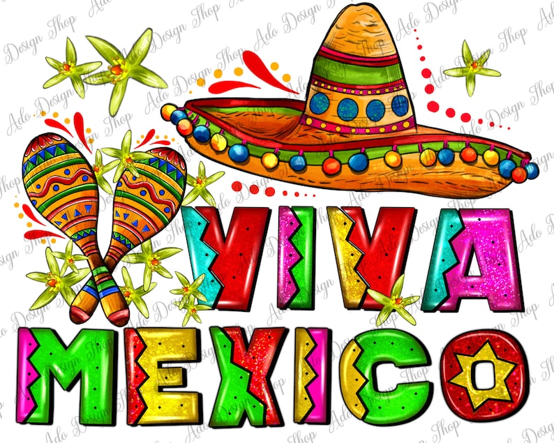 Może przedstawiać: Kolorowa ilustracja sombrero, marakas&oacute;w i napis&oacute;w "VIVA MEXICO" w świątecznym kroju pisma. Kolory są jasne i żywe, z dużą ilością czerwieni, ż&oacute;łci, zieleni i błękitu.