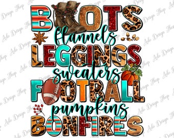 Boots flannels leggings sweaters American Football pumpkins bonfires png, Autumn png, Hello Fall png, sublimate designs download