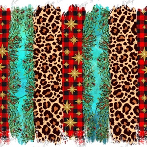 May include: A digital paper design featuring a red and black buffalo plaid pattern, a teal blue watercolor background, a leopard print, and gold stars.
