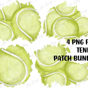 May include: Four digital clipart images of watercolor tennis balls with a white background. The tennis balls are arranged in a cluster and have a rough, textured appearance. The text "4 PNG FILE TENNIS PATCH BUNDLE" is written in black text on a white background.