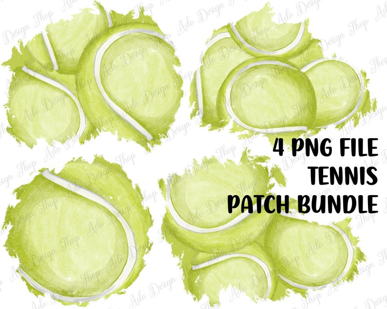 May include: Four digital clipart images of watercolor tennis balls with a white background. The tennis balls are arranged in a cluster and have a rough, textured appearance. The text "4 PNG FILE TENNIS PATCH BUNDLE" is written in black text on a white background.