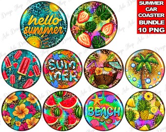 Summer car coaster png sublimation design bundle, summer holiday png, summer vibes png, hello summer png, sublimate designs download