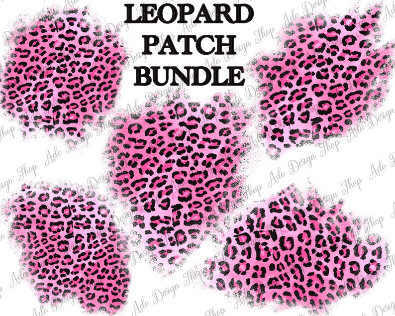 May include: Five pink and black leopard print digital paper patches. The patches have a distressed, watercolor look.