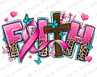 Könnte beinhalten: Pinkes und blaues Grafikdesign mit dem Wort "FAITH" in großen Buchstaben. Die Buchstaben sind mit Leopardenmuster, rosa Band, Schmetterlingen und Blumen verziert. Ein Holzkreuz befindet sich in der Mitte des Designs.
