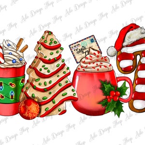 Christmas Tree Cake And Coffee Cups Png Sublimation Design,Merry Christmas Clipart,Christmas Png,Christmas Coffee Cups Png, Digital Download