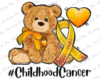May include: A brown teddy bear with a yellow ribbon around its neck and a yellow ribbon with a leopard print design. The teddy bear is holding a small yellow heart. The background is white with the text "#Childhood Cancer" in black.