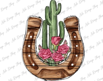 Western Floral Cactus Horseshoe PNG, Floral Horseshoe Png, Cactus Horseshoe Png, Western Clipart, Png Sublimation Design, Instant Download