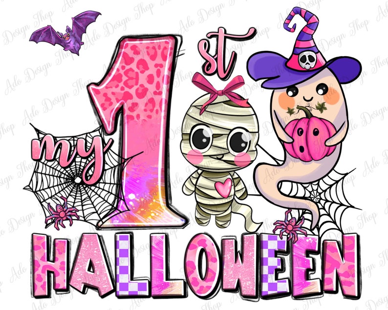 K&ouml;nnte beinhalten: Rosa-lila Grafik mit einer pinkfarbenen Zahl eins, einer pinkfarbenen und wei&szlig;en Mumie, einem pinkfarbenen und lilafarbenen Geist, der einen pinkfarbenen K&uuml;rbis h&auml;lt, und dem Text "my 1st HALLOWEEN".