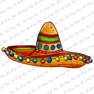 May include: A detailed illustration of a sombrero, showcasing a wide brim and a straw-like texture. The hat is decorated with green, red, and yellow elements, including a band and colourful pom-poms. A festive and vibrant design.