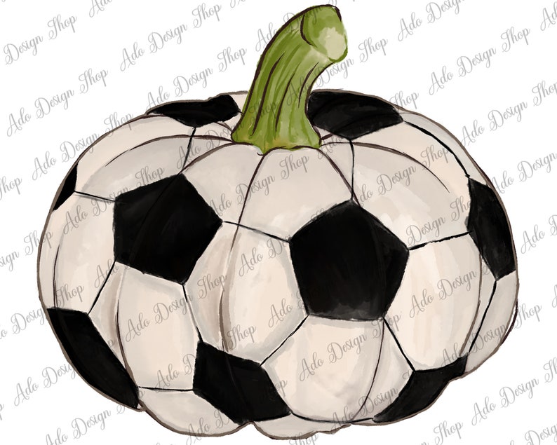 May include: A white and black soccer ball shaped like a pumpkin with a green stem.
