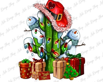 May include: A Christmas cactus with red and green lights, two snowmen, and a red Santa hat with a white fur trim. There are three wrapped presents, one with a red and white striped design, one with a brown paper design, and one with a red and white design. The presents are sitting on a white background. The text "to Santa Claus" is written on a white tag.