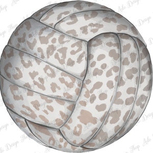 May include: A white volleyball with a brown leopard print design.
