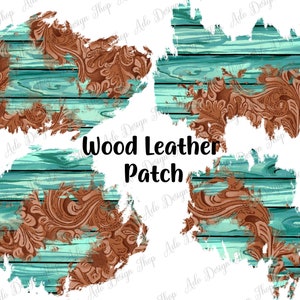 Peut inclure: Une conception graphique numérique représentant un fond en bois vieilli avec un schéma de couleurs bleu sarcelle et brun. Le bois est peint avec un motif floral brun. Le texte "Wood Leather Patch" est au centre de l'image.