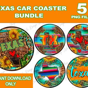 May include: Set of five digital car coasters featuring Texas-themed designs. The coasters feature a variety of colors, including blue, green, red, orange, yellow, and brown. The designs include a map of Texas, the words "Texas" and "TX", and sunflowers.
