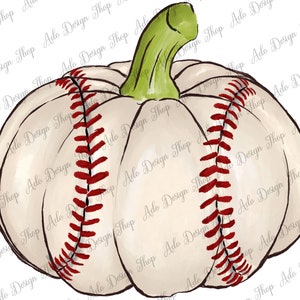 May include: A white pumpkin with a green stem, painted to look like a baseball with red stitching.