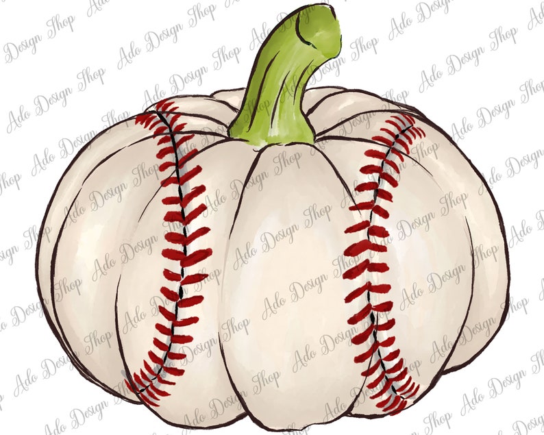 May include: A white pumpkin with a green stem, painted to look like a baseball with red stitching.