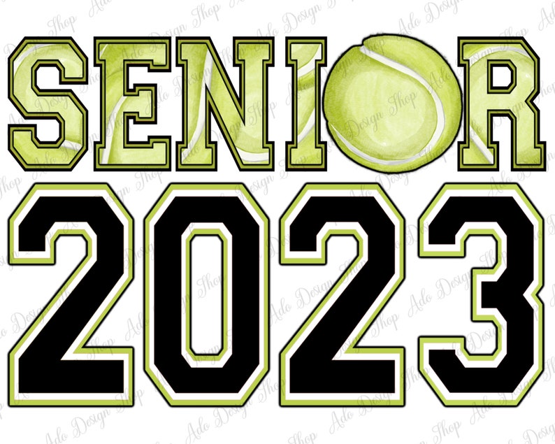 May include: Black and green text with a white outline that reads "SENIOR 2023". The letters are decorated with a tennis ball pattern. A single tennis ball is centered above the text.