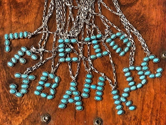 Turquoise Initial Semi Oval Stone Necklace southwestern western