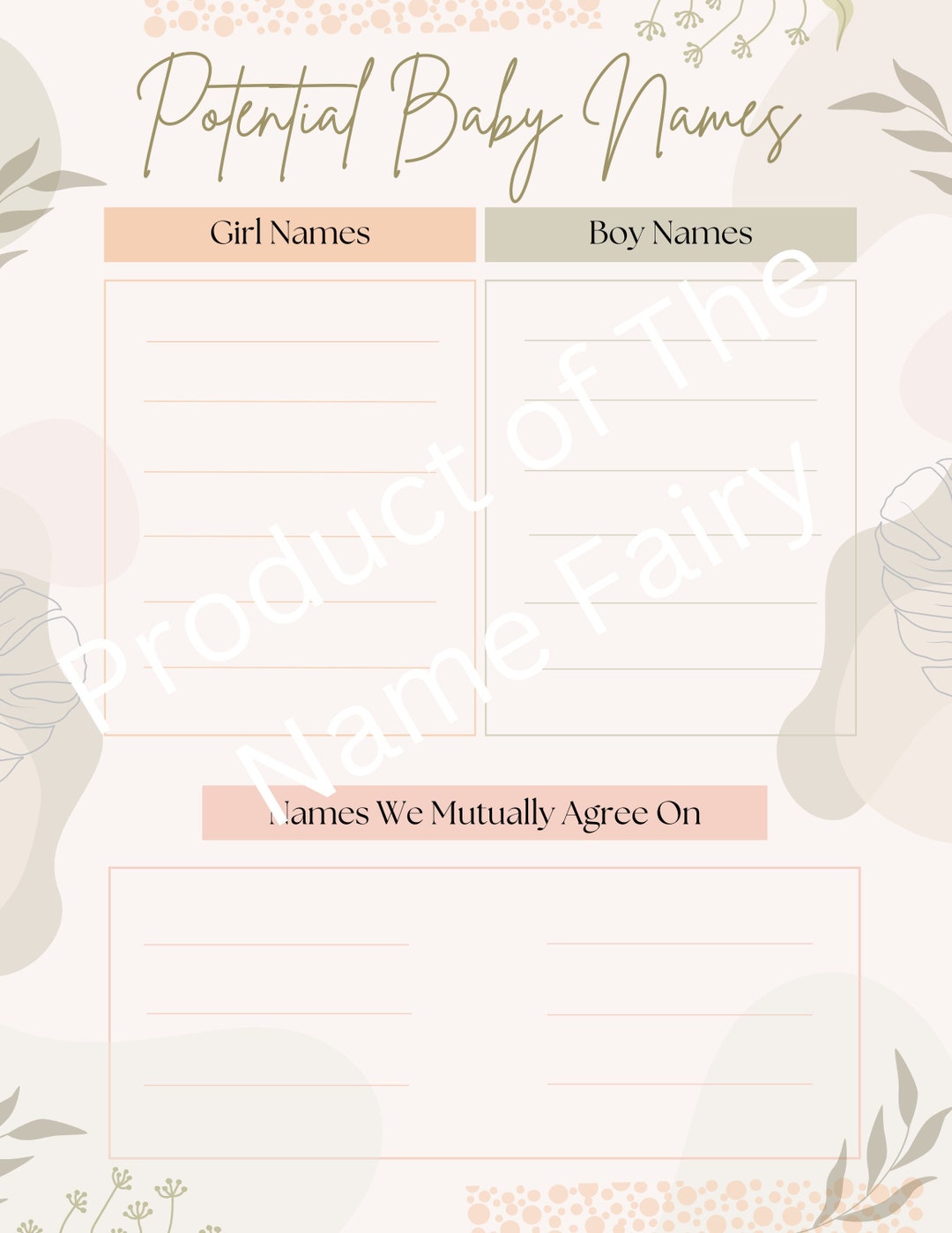 Baby Name Ideas Organizer, Potential Baby Names List PDF, Baby Names