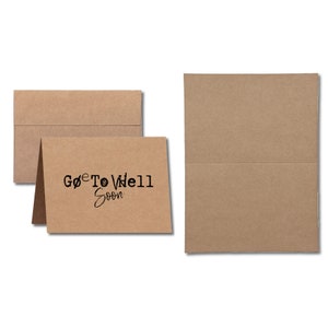 May include: A brown card with a white envelope. The card has the text "Get Well Soon" written on it.