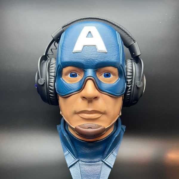 Custom Painted Life Size Captain America Bust Prop Headphone Stand , Headphone Holder , Room Decor , Gaming , Office, Desktop , 3D Printed