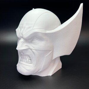 May include: A white bust of a character with a furrowed brow, bared teeth, and large, pointed ears. The sculpture has a textured surface and is set against a dark background. The character's expression is one of anger or aggression.