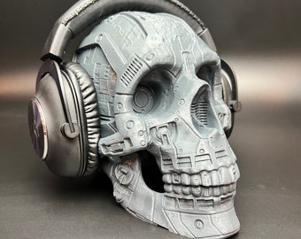 Large Cyber Human Skull Headphone Stand , Headphone Holder , Room Decor , Gaming , Office, Desktop , Paintable Bust , 3D Printed