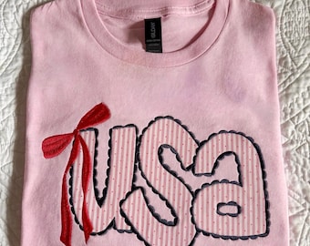 Camiseta rosa con aplique de lazo de EE. UU. / Camiseta patriótica coqueta, Cuatro de Julio