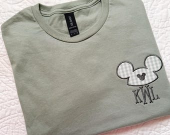 Camiseta personalizada con monograma de la cabeza de Mickey / Camiseta bordada a cuadros