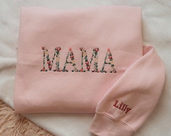 Sudadera con estampado floral para mamá / Cuello redondo personalizado para mamá / Manga con nombre personalizado / Regalo bordado para el Día de la Madre