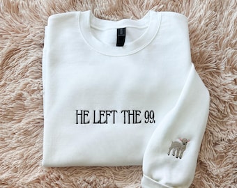 Sudadera cristiana bordada / He Left the 99, detalle de manga de cordero