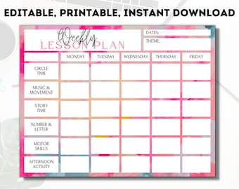 Weekly lesson Plan Template, Teacher Lesson plan, Preschool/Kindergarten, Pre k schedule template, Instant Download, editable, printable