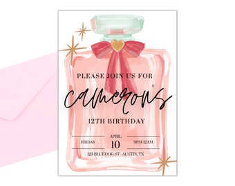 Könnte beinhalten: Rosa-goldene Geburtstagseinladung mit einer Aquarell-Illustration einer Parfümflasche. Der Text lautet "Bitte feiern Sie mit uns Camerons 12. Geburtstag, Freitag, 10. April, 21:00-00:00 Uhr, 123 Bluedog St-Austin, TX."