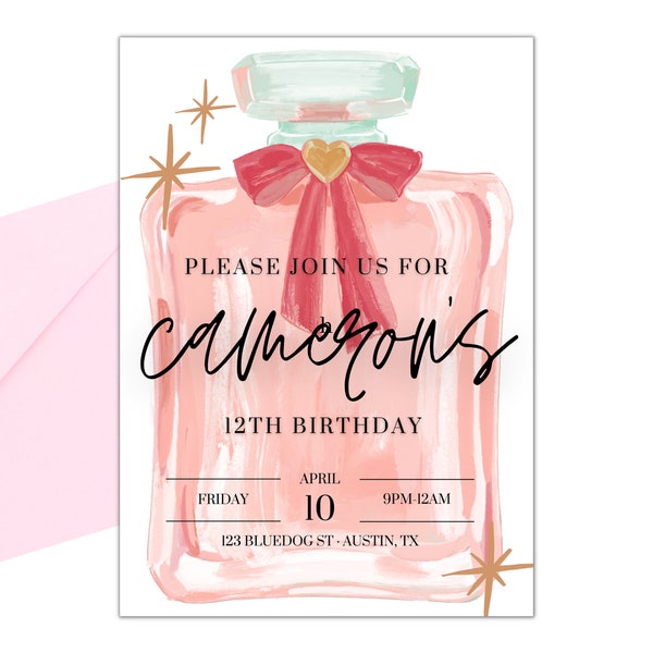 Editable Perfume Bottle Birthday Invitation Template for Girls and Women - Paris Birthday Invitation - Perfume Invitation Template - Pink
