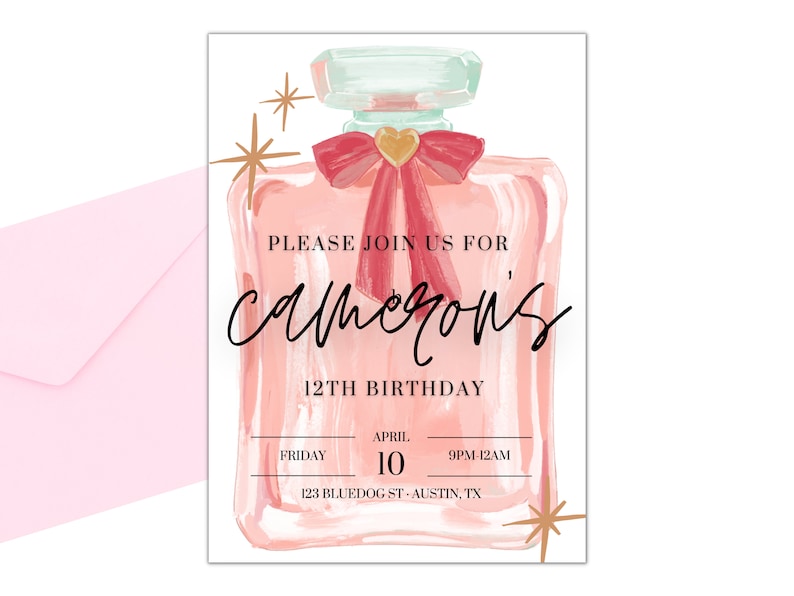 Editable Perfume Bottle Birthday Invitation Template for Girls and