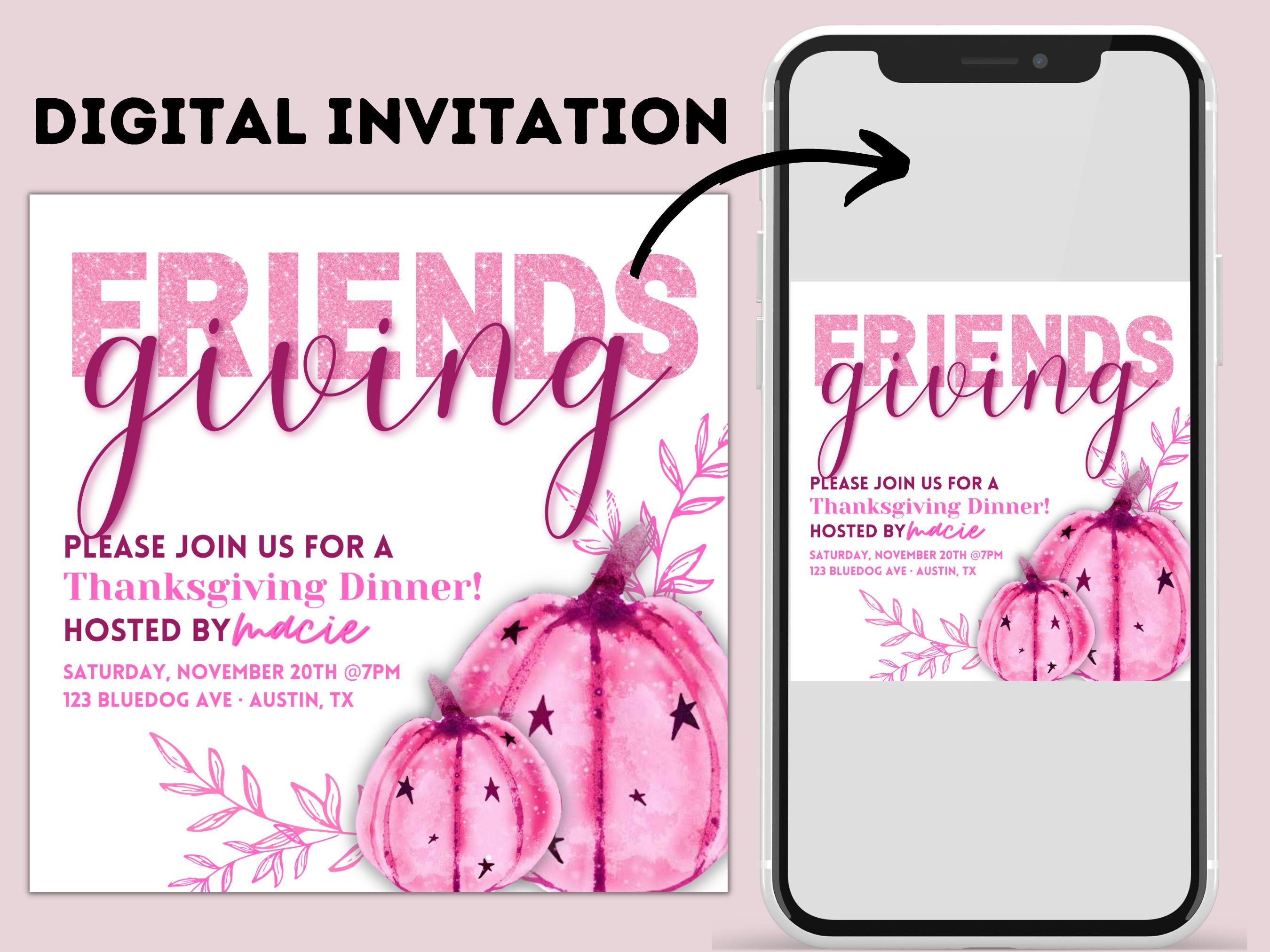 Editable Friendsgiving Invitation Template: Pink Pumpkins (instant ...