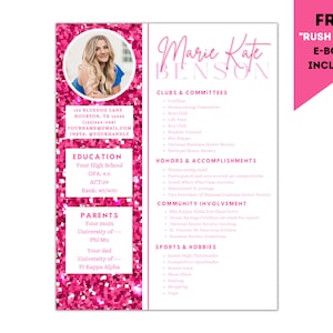 Sorority Resume Template - Pink Glitter - Editable - Cover Letter - Printable - Instant download - Rush Resume - Recruitement Resume